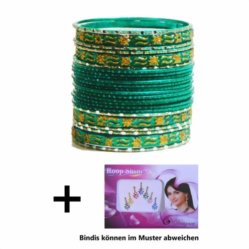 Bild von 24 Bangles Armreifen Mahive mit Bindis Smaragdgrün Gold 7 cm Durchmesser