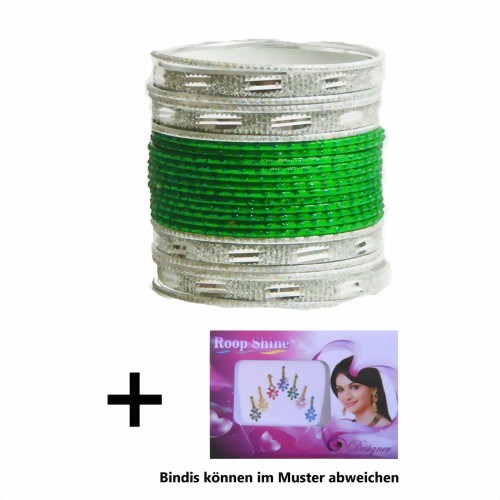 Bild von 24 Bangles Armreifen Sunflower mit Bindis Grün Silber 7 cm Durchmesser