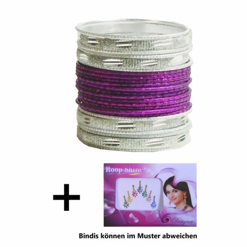 Bild von 24 Bangles Armreifen Sunflower mit Bindis Lila Silber 7 cm Durchmesser