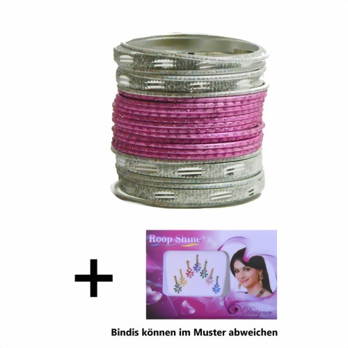 Bild von 24 Bangles Armreifen Sunflower mit Bindis Rosa Silber 7 cm Durchmesser