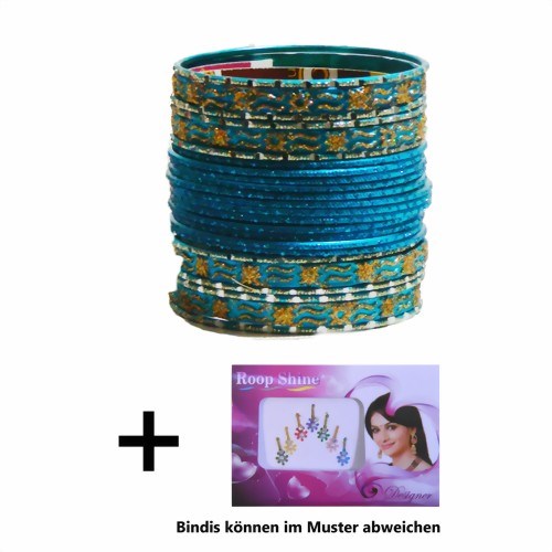 Bild von 24 Bracciali Bangles Mahive Bollywood 6,5 cm turchese oro + Bindi