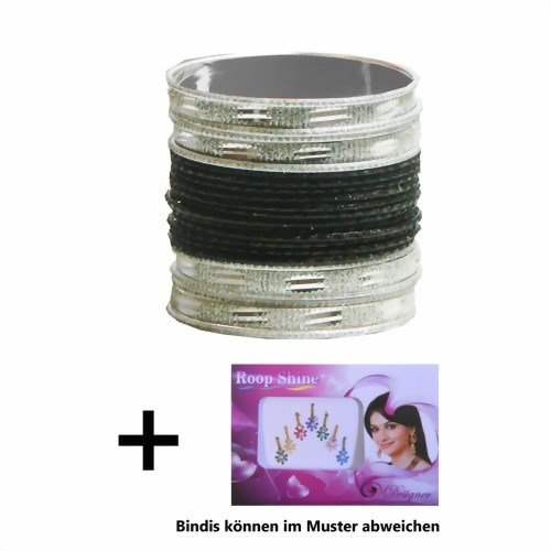 Bild von 24 Bangles Armreifen Sunflower mit Bindis Schwarz Silber 7 cm Durchmesser