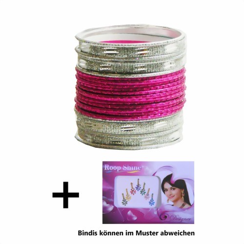 Bild von 24 Bangles Armreifen Sunflower mit Bindis Pink Silber 6,5 cm Durchmesser