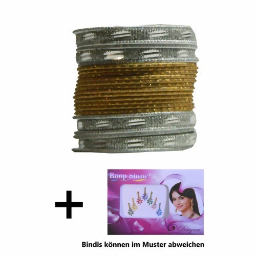 Bild von 24 Bracciali Bangles Sunflower Bollywood 7 cm argento oro + Bindi