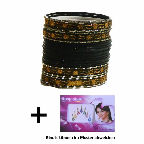 Bild von 24 Bracciali Bangles Mahive Bollywood 7 cm nero oro + Bindi