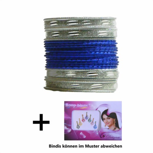 Bild von 24 Bracciali Bangles Sunflower Bollywood 6,5 cm blu argento + Bindi