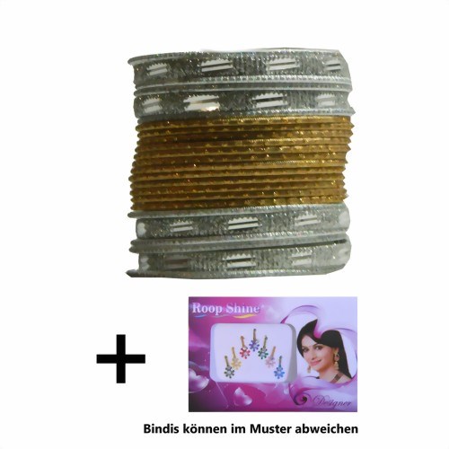 Bild von 24 Bracciali Bangles Sunflower Bollywood 6,5 cm oro argento + Bindi