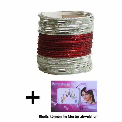 Bild von 24 Bracciali Bangles Sunflower Bollywood rosso scuro argento + Bindi