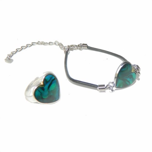 Bild von Seeopal Set Herz Kunstlederarmband Fingerring blau silber 
