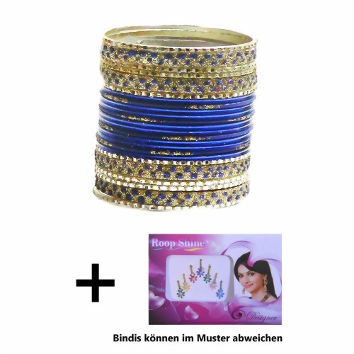 Bild von 24 Bracciali Bangles Sunflower Bollywood 7 cm blu scuro oro + Bindi
